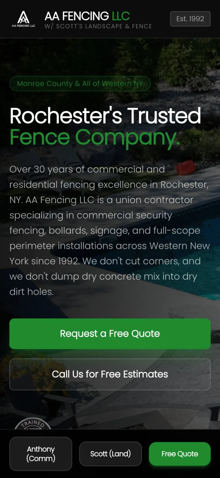 AA Fencing LLC website – mobile view