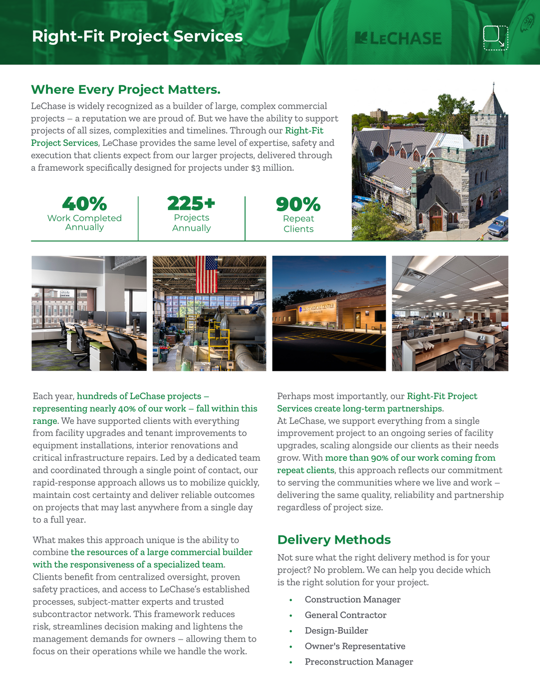 Right-Fit Project Services capabilities spread designed by Zandyr Meakin for LeChase Construction