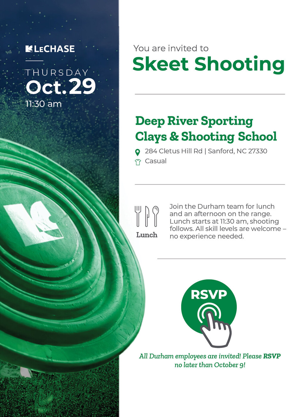 Skeet Shooting event invite designed by Zandyr Meakin for LeChase Construction