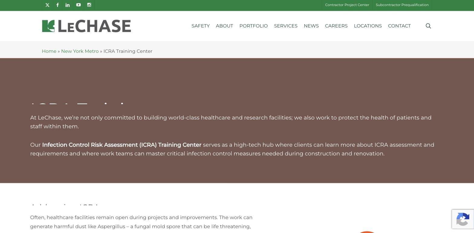 ICRA Training Center case study page on lechase.com, designed by Zandyr Meakin for LeChase Construction
