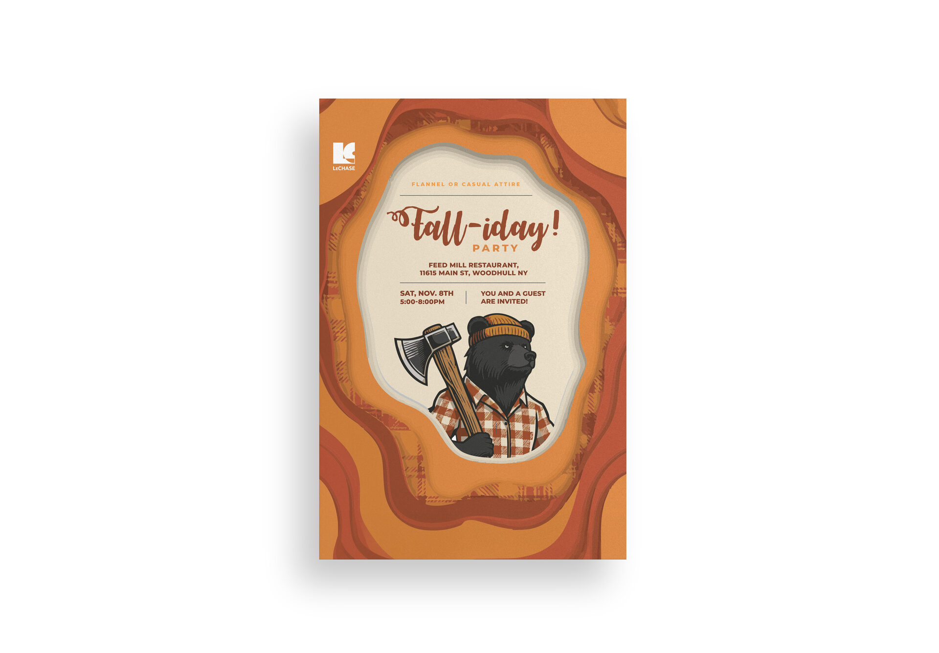Fall-day party invite designed by Zandyr Meakin for LeChase Construction