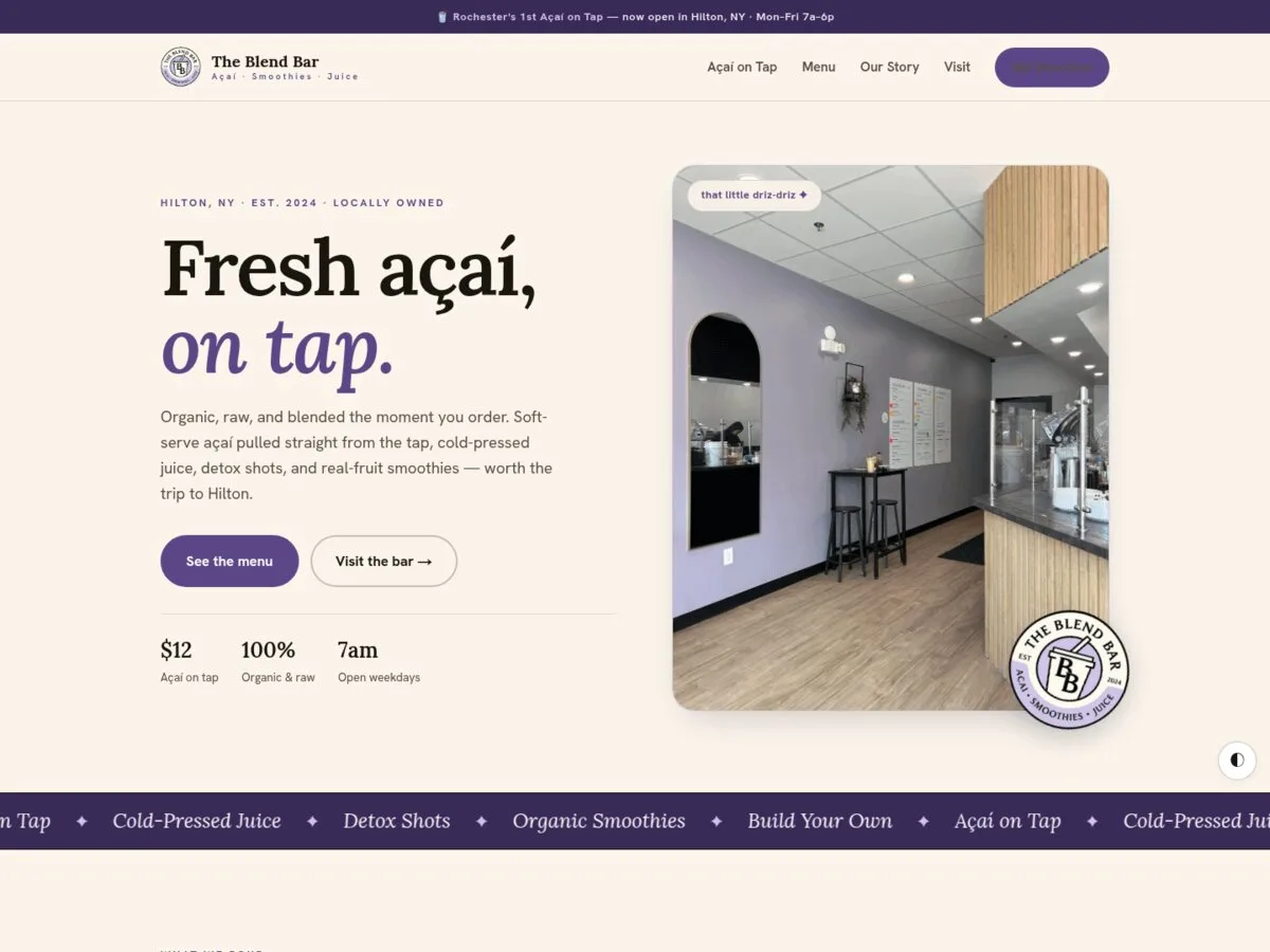 The Blend Bar acai and smoothie shop website designed and built by Zandyr Meakin Graphics