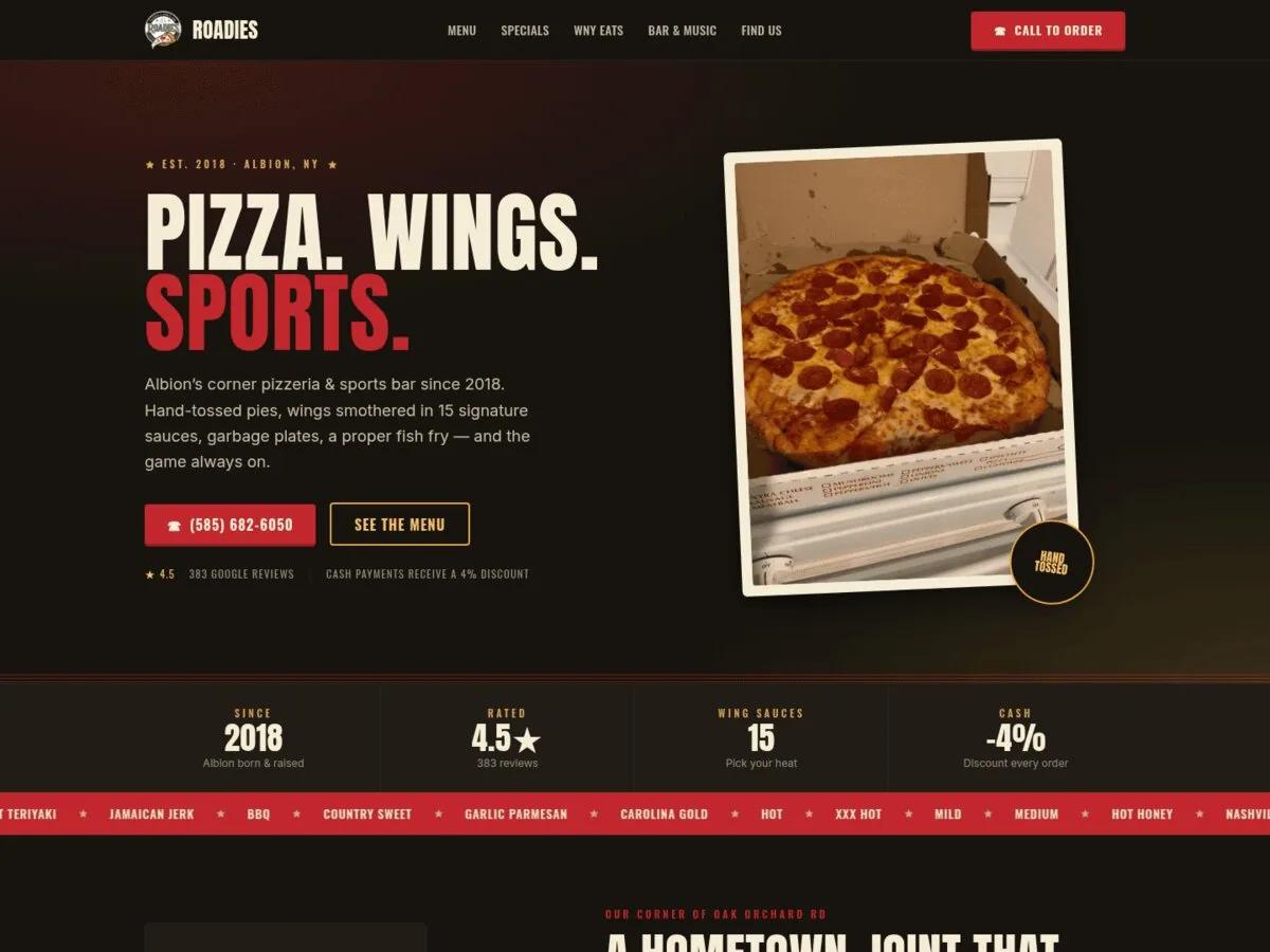 Roadies Pizzeria and Sports Bar website designed and built by Zandyr Meakin Graphics